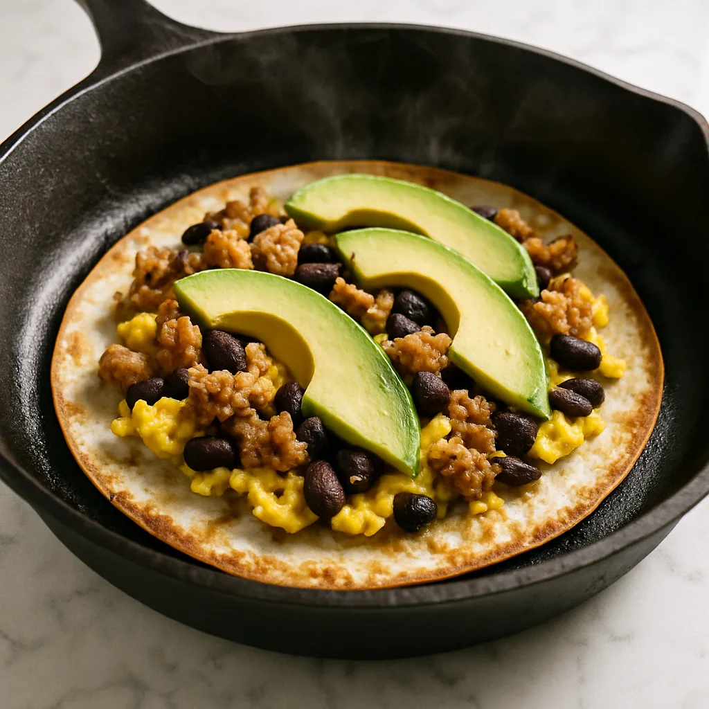 Sausage, Egg & Black Bean Quesadilla with Avocado cooking in progress