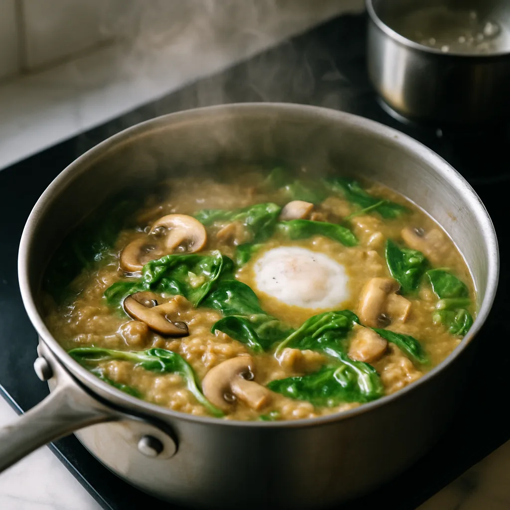 Savory Oatmeal with Spinach, Mushrooms & Egg cooking in progress