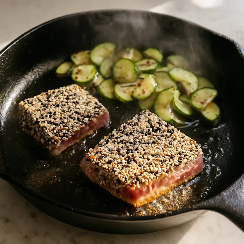 Sesame-Crusted Ahi Tuna with Cucumber Salad cooking in progress