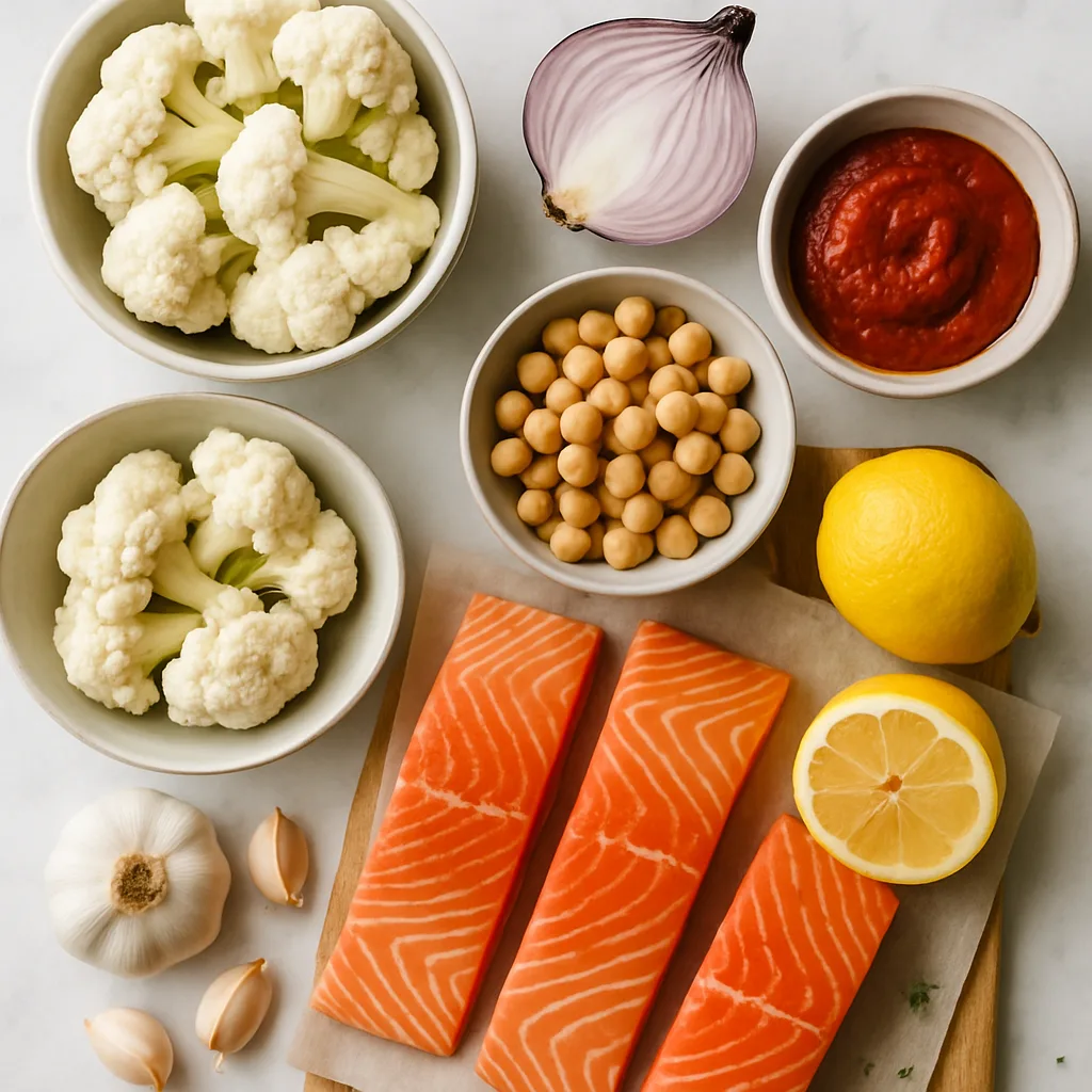 Ingredients for Sheet Pan Harissa Salmon with Vegetables