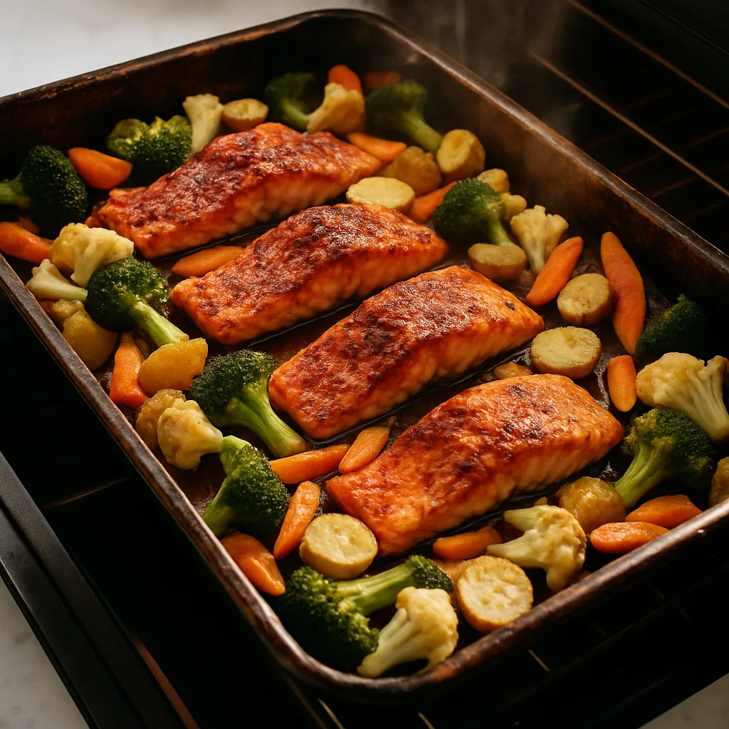 Sheet Pan Harissa Salmon with Vegetables cooking in progress
