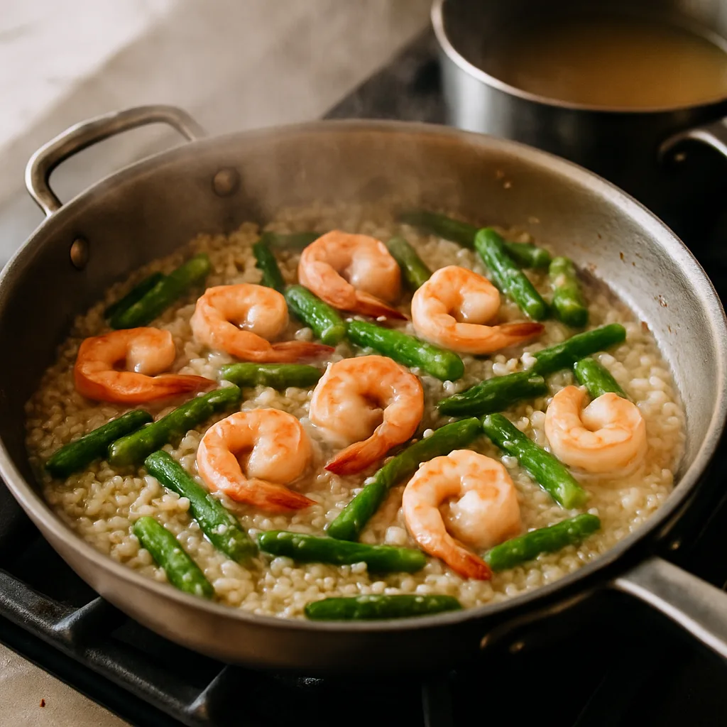Shrimp & Asparagus Risotto cooking in progress