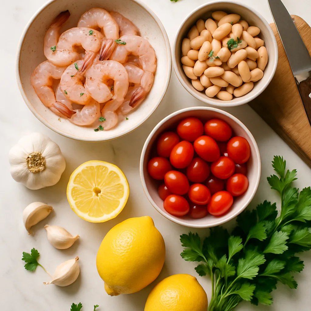 Ingredients for Shrimp & White Bean Skillet with Cherry Tomatoes