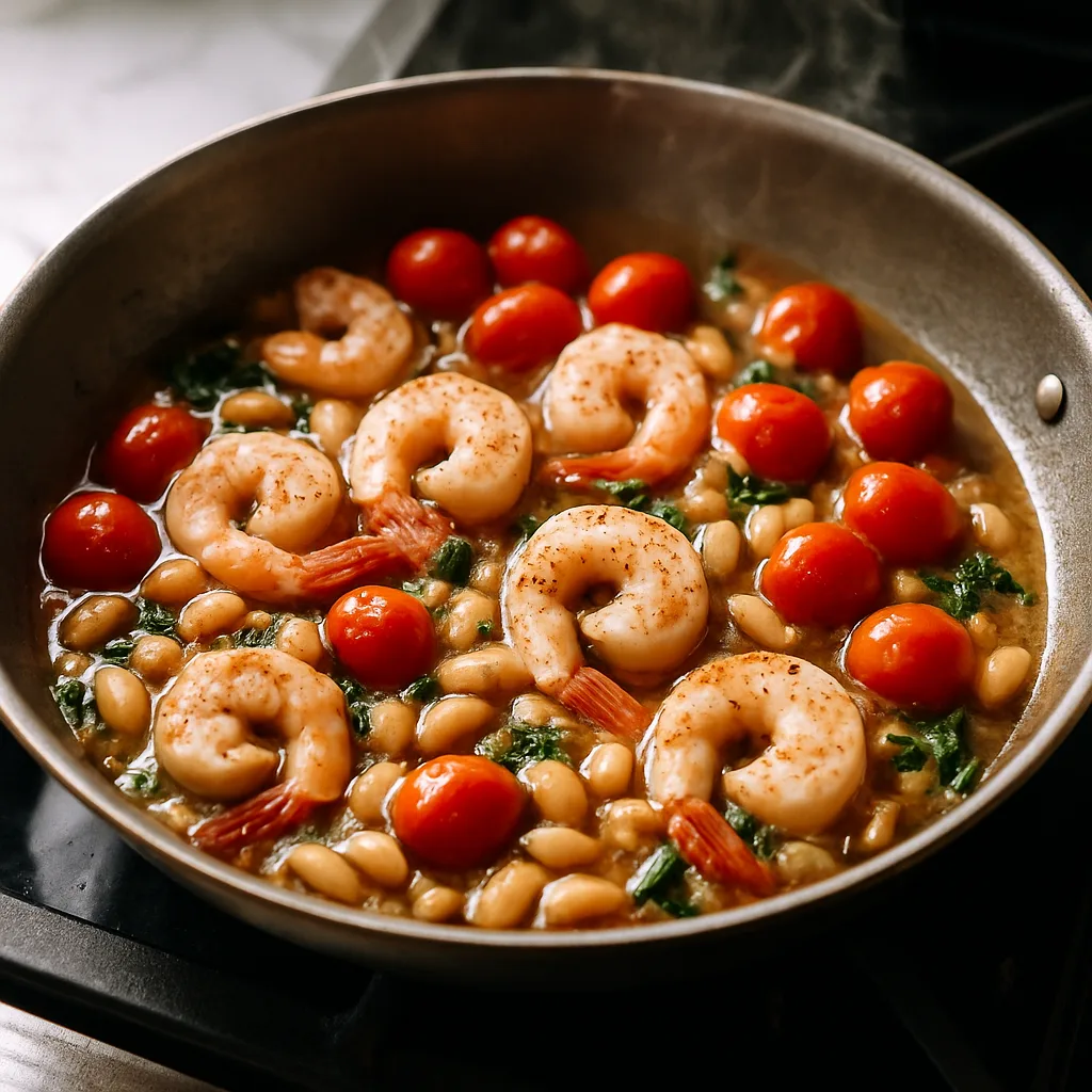 Shrimp & White Bean Skillet with Cherry Tomatoes cooking in progress