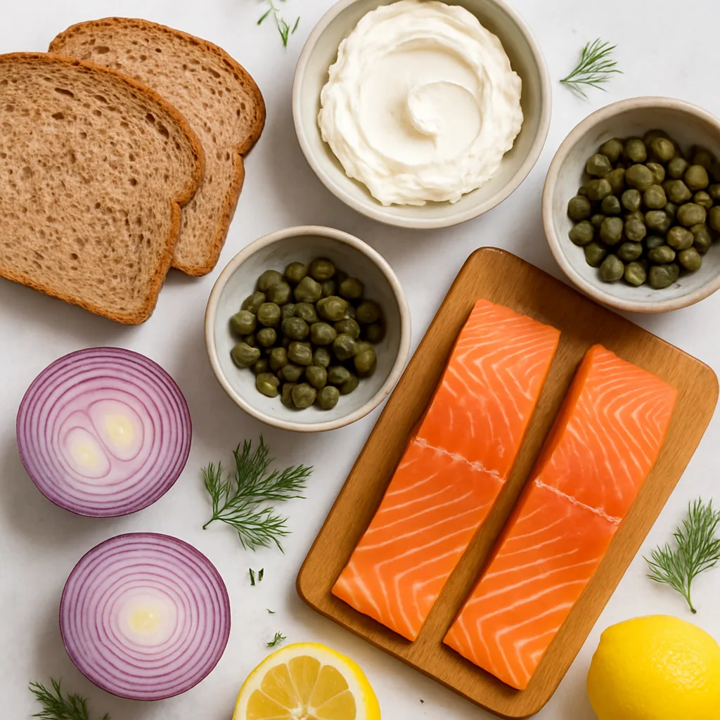 Ingredients for Smoked Salmon & Cream Cheese Toast with Capers