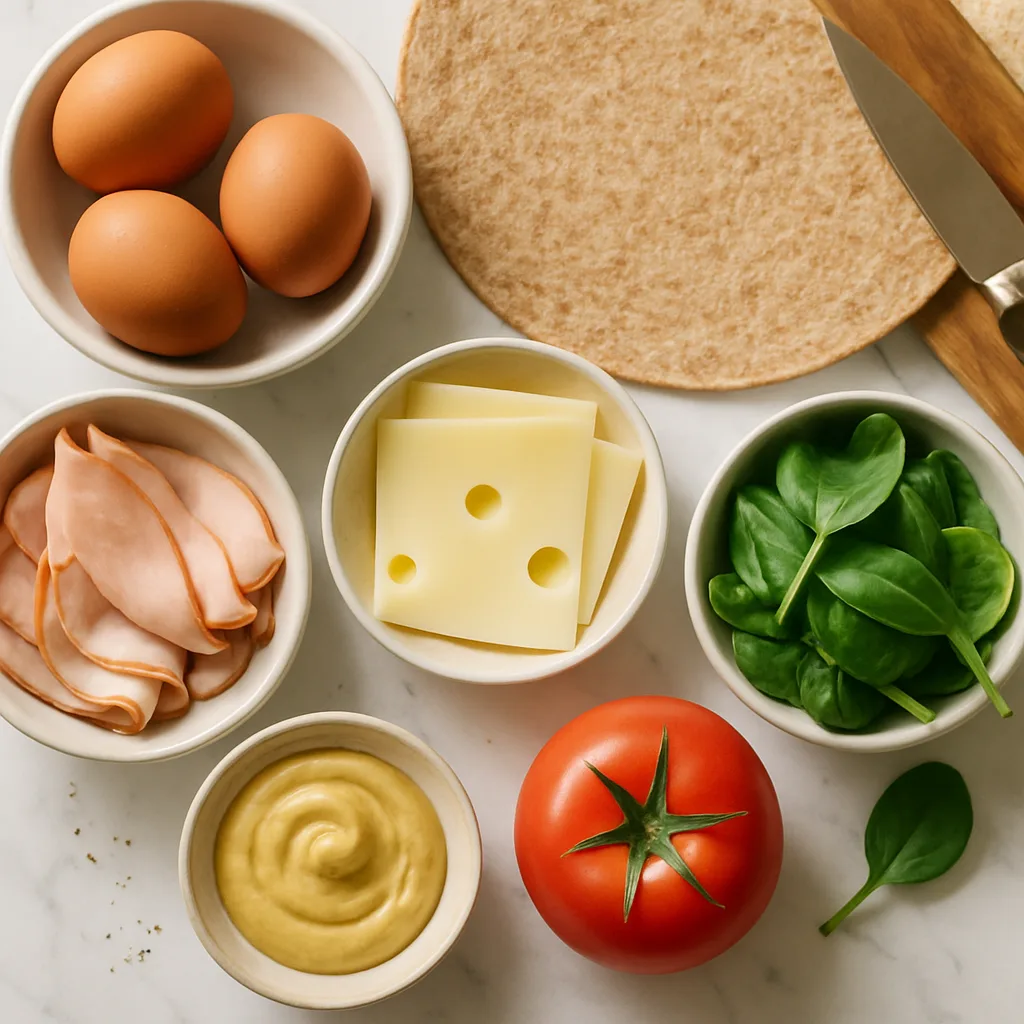 Ingredients for Smoked Turkey & Swiss Breakfast Wrap