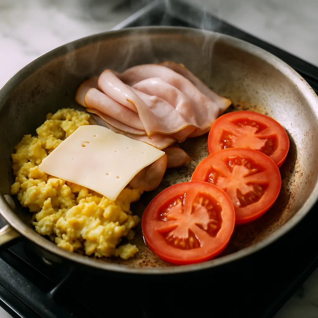 Smoked Turkey & Swiss Breakfast Wrap cooking in progress