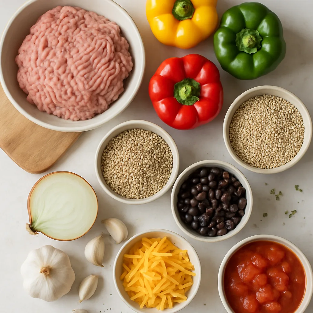 Ingredients for Stuffed Bell Peppers with Ground Turkey & Quinoa