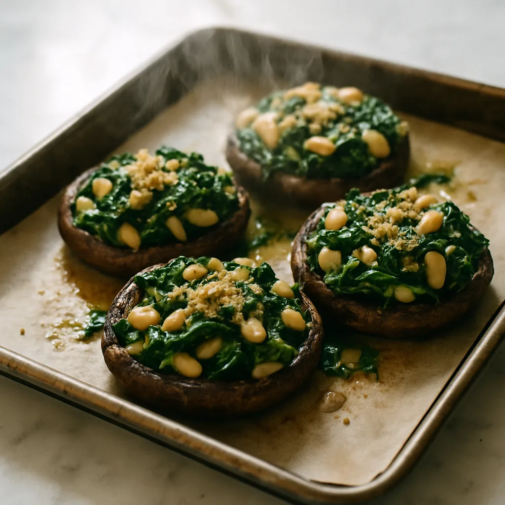 Stuffed Portobello Mushrooms with Spinach & White Beans cooking in progress