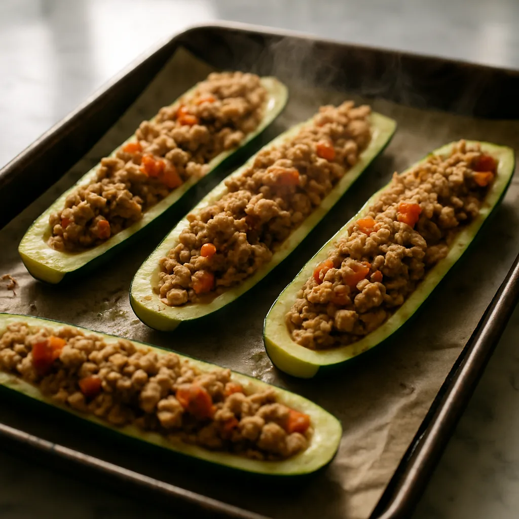 Stuffed Zucchini Boats with Ground Turkey cooking in progress