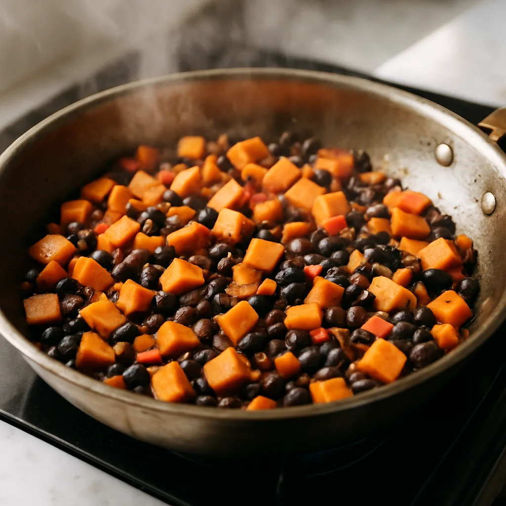 Sweet Potato & Black Bean Breakfast Hash cooking in progress