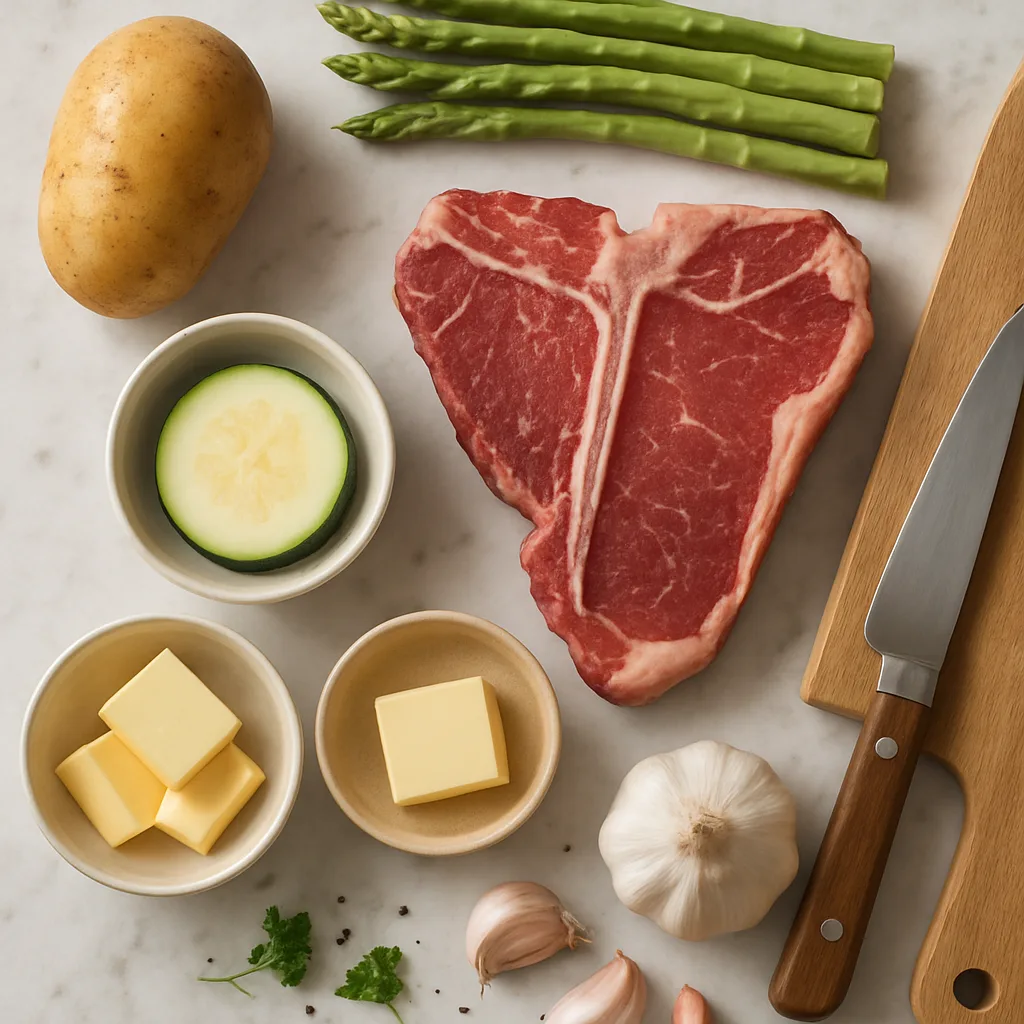 Ingredients for T-Bone Steak Dinner with Roasted Vegetables & Garlic Mashed Potatoes