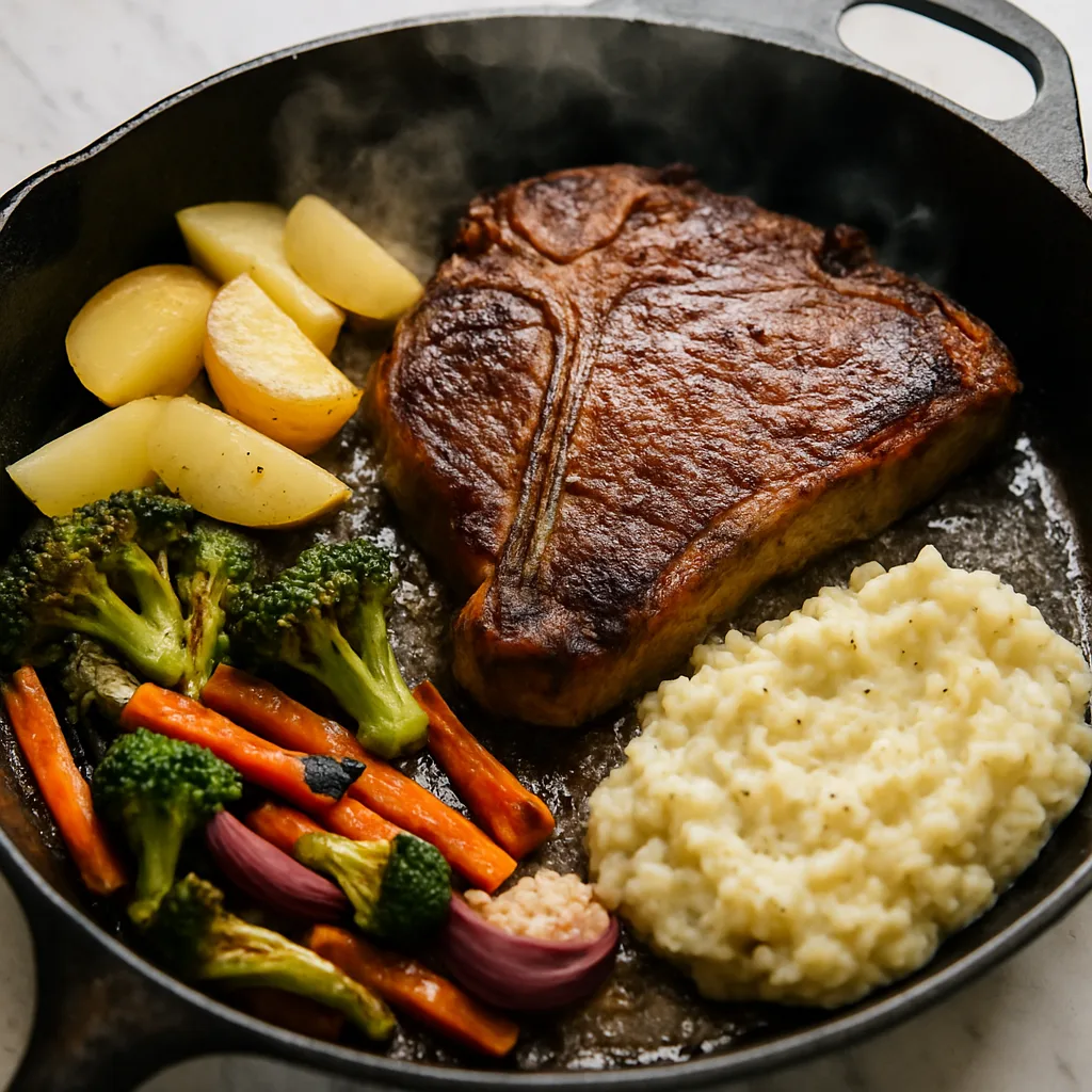 T-Bone Steak Dinner with Roasted Vegetables & Garlic Mashed Potatoes cooking in progress