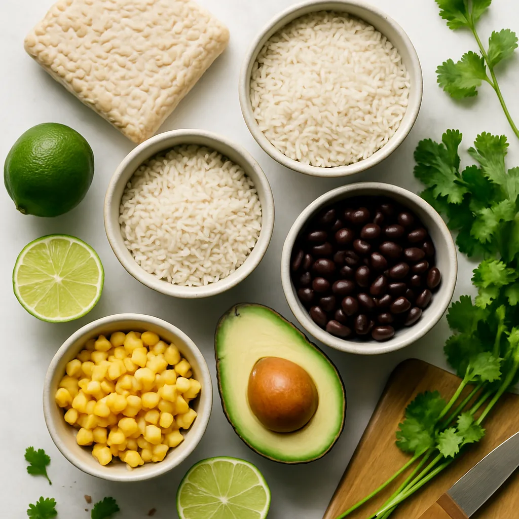 Ingredients for Tempeh Burrito Bowl with Cilantro-Lime Rice