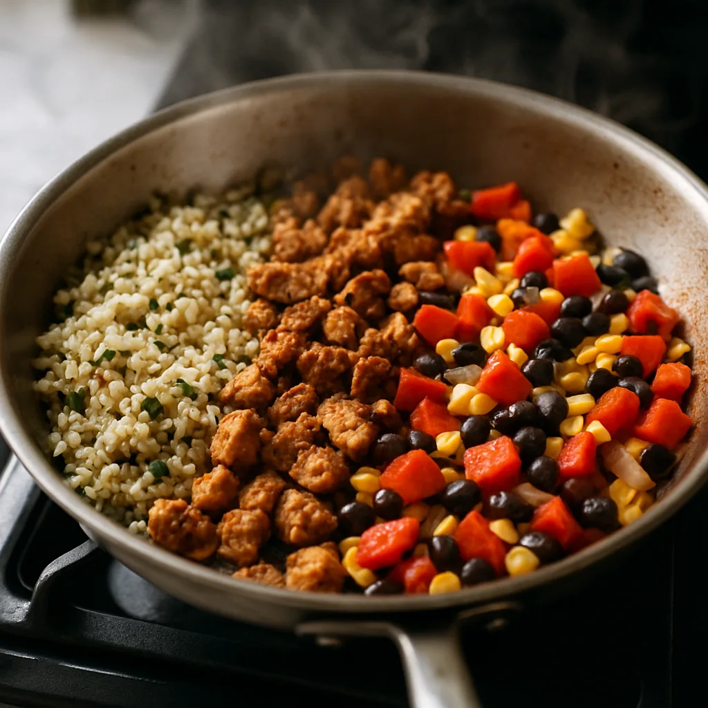 Tempeh Burrito Bowl with Cilantro-Lime Rice cooking in progress