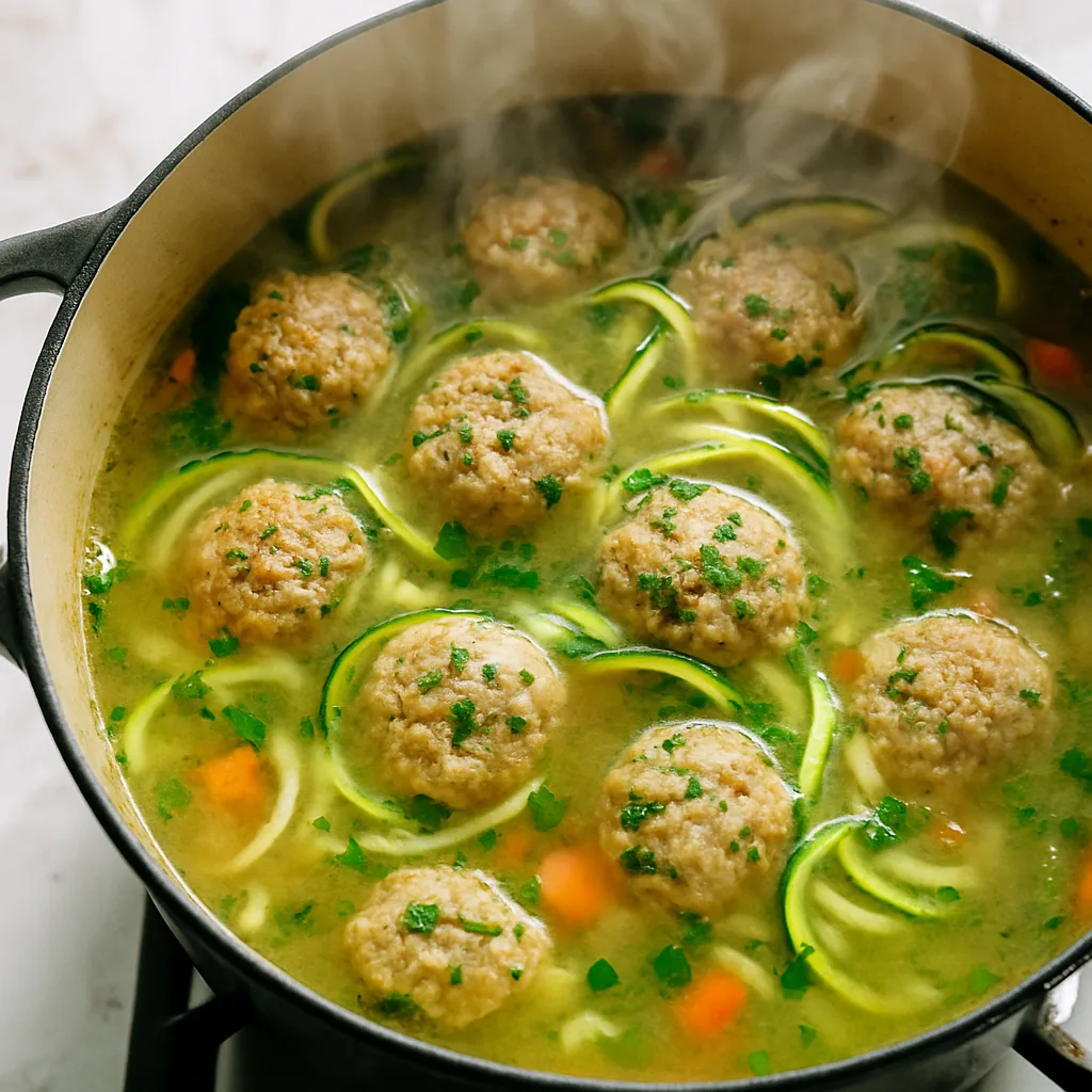 Turkey Meatball Zucchini Noodle Soup cooking in progress