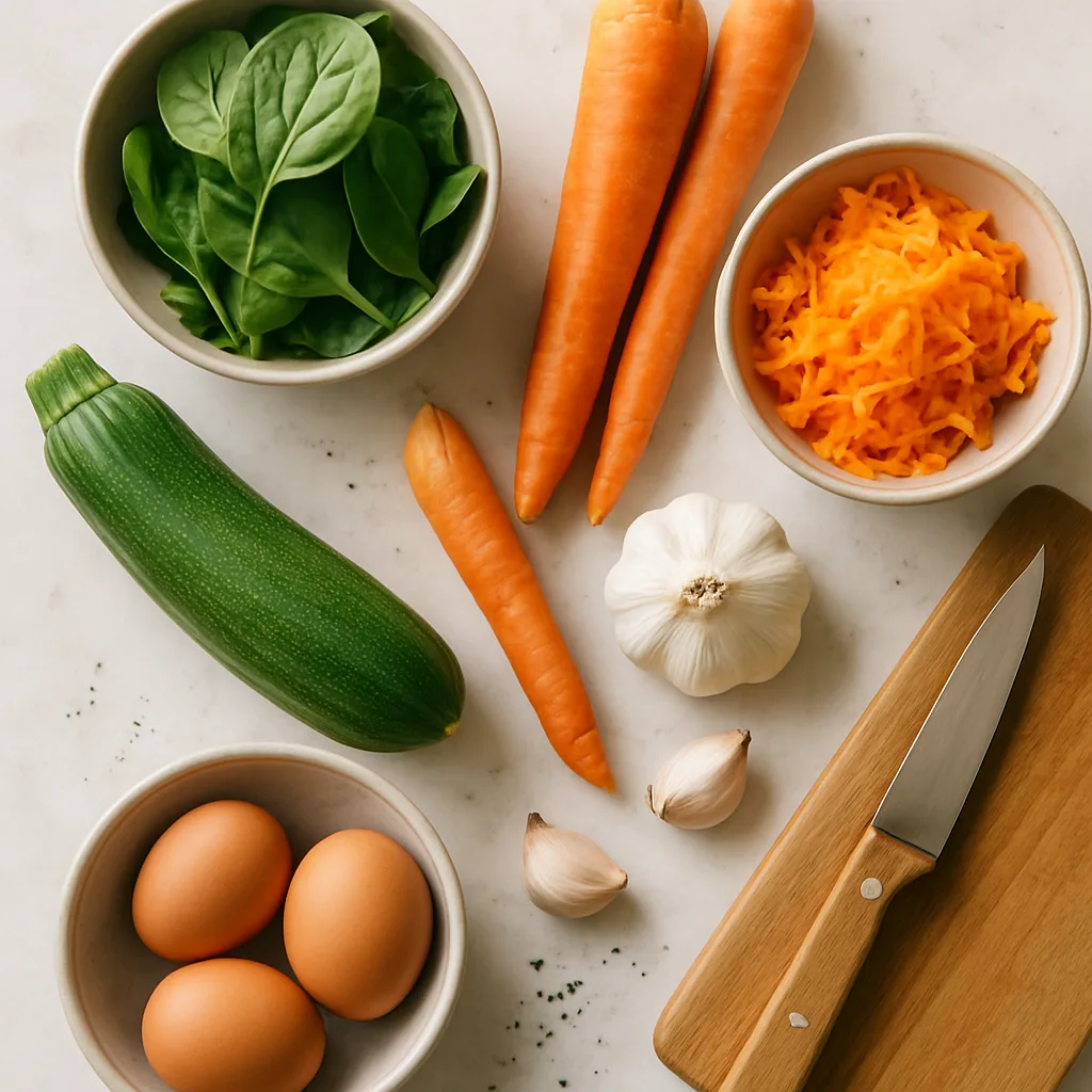 Ingredients for Vegetable Egg Pancakes with Carrots, Zucchini and Spinach