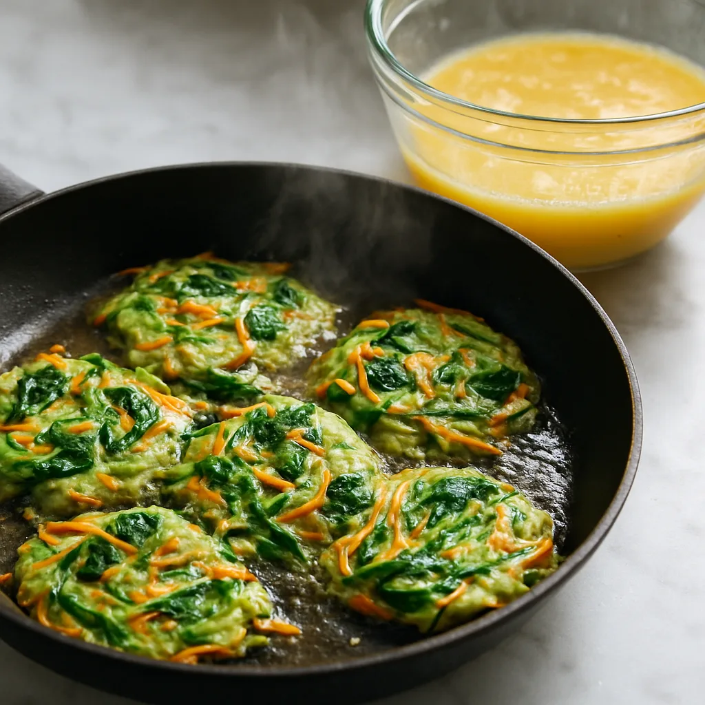 Vegetable Egg Pancakes with Carrots, Zucchini and Spinach cooking in progress