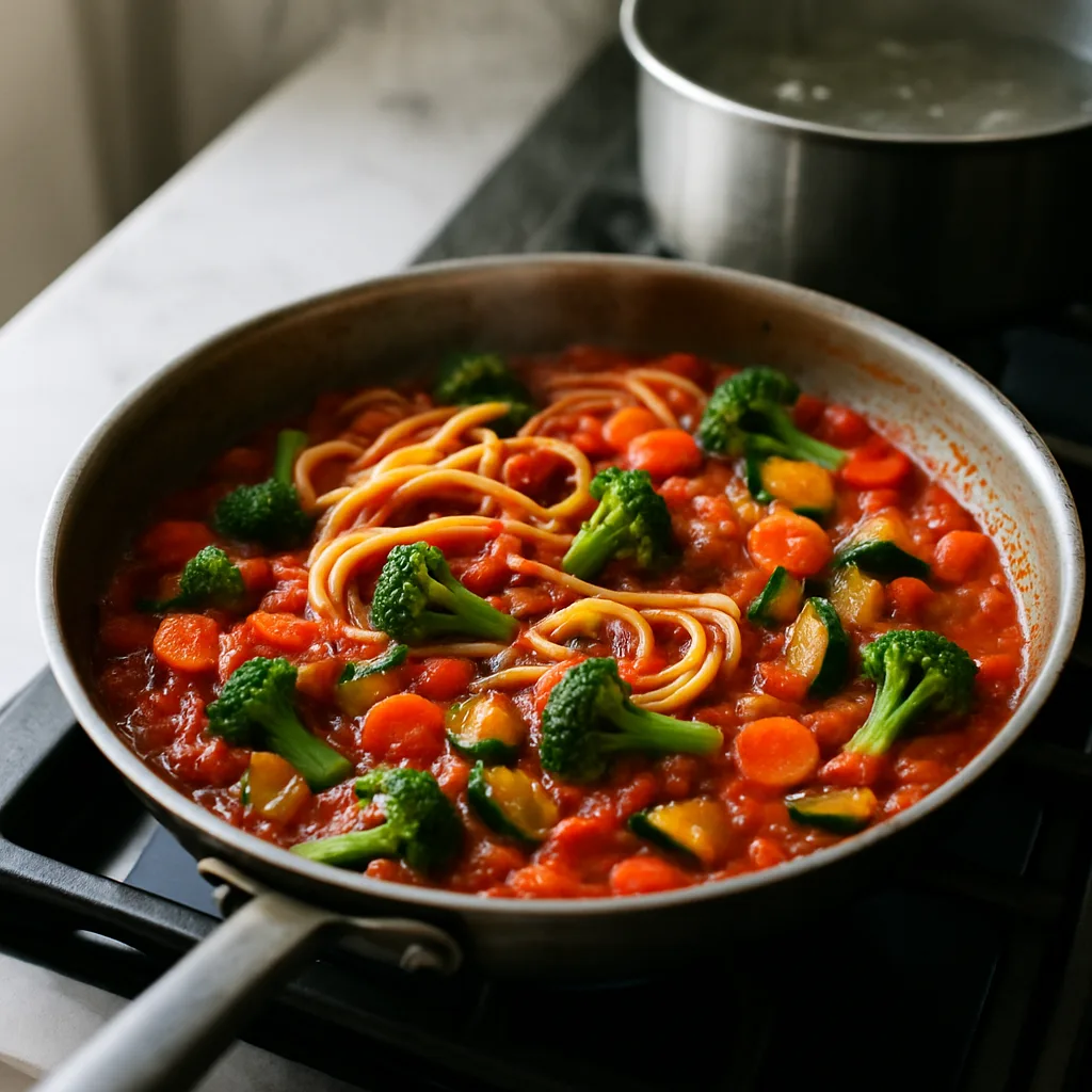 Veggie-Loaded Spaghetti with Tomato Sauce cooking in progress