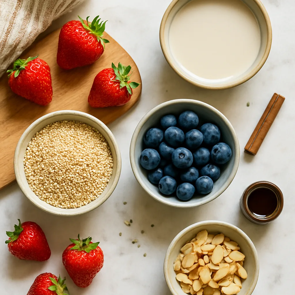 Ingredients for Warm Breakfast Quinoa Bowl with Cinnamon & Berries