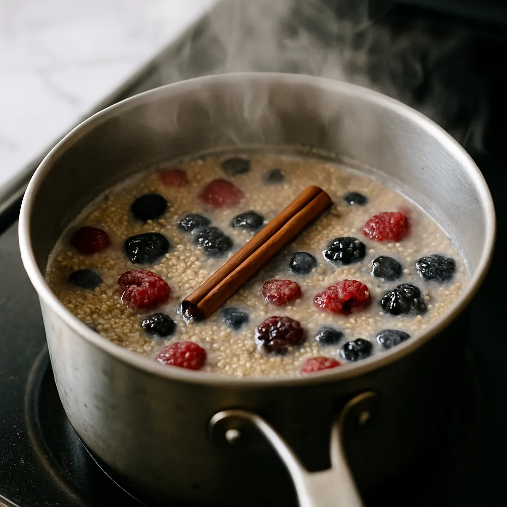 Warm Breakfast Quinoa Bowl with Cinnamon & Berries cooking in progress